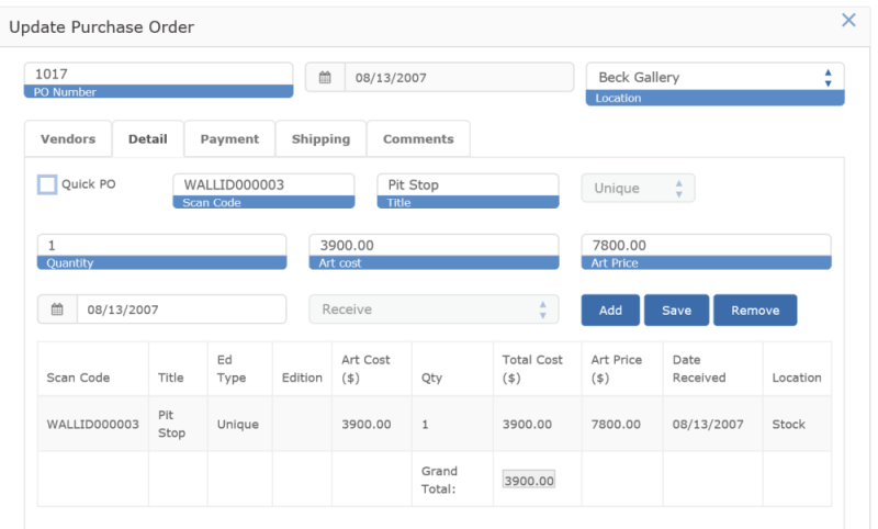 Purchase Order Screen Shot