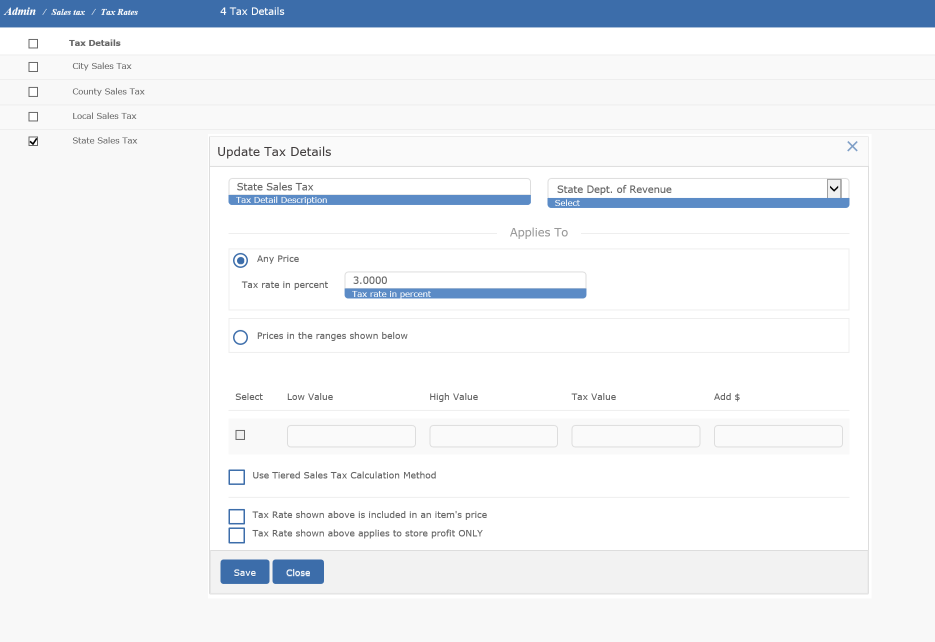 Tax Detail Screen